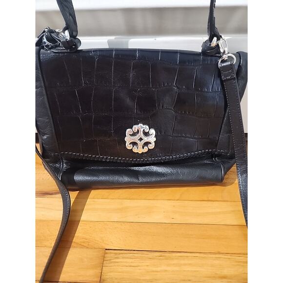 Brighton Black Leather Crossbody Bag Embossed Croc Organizer Silver Clasp - Picture 2 of 15